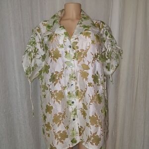 Susan Graver Green and White Floral Blouse Women 3X